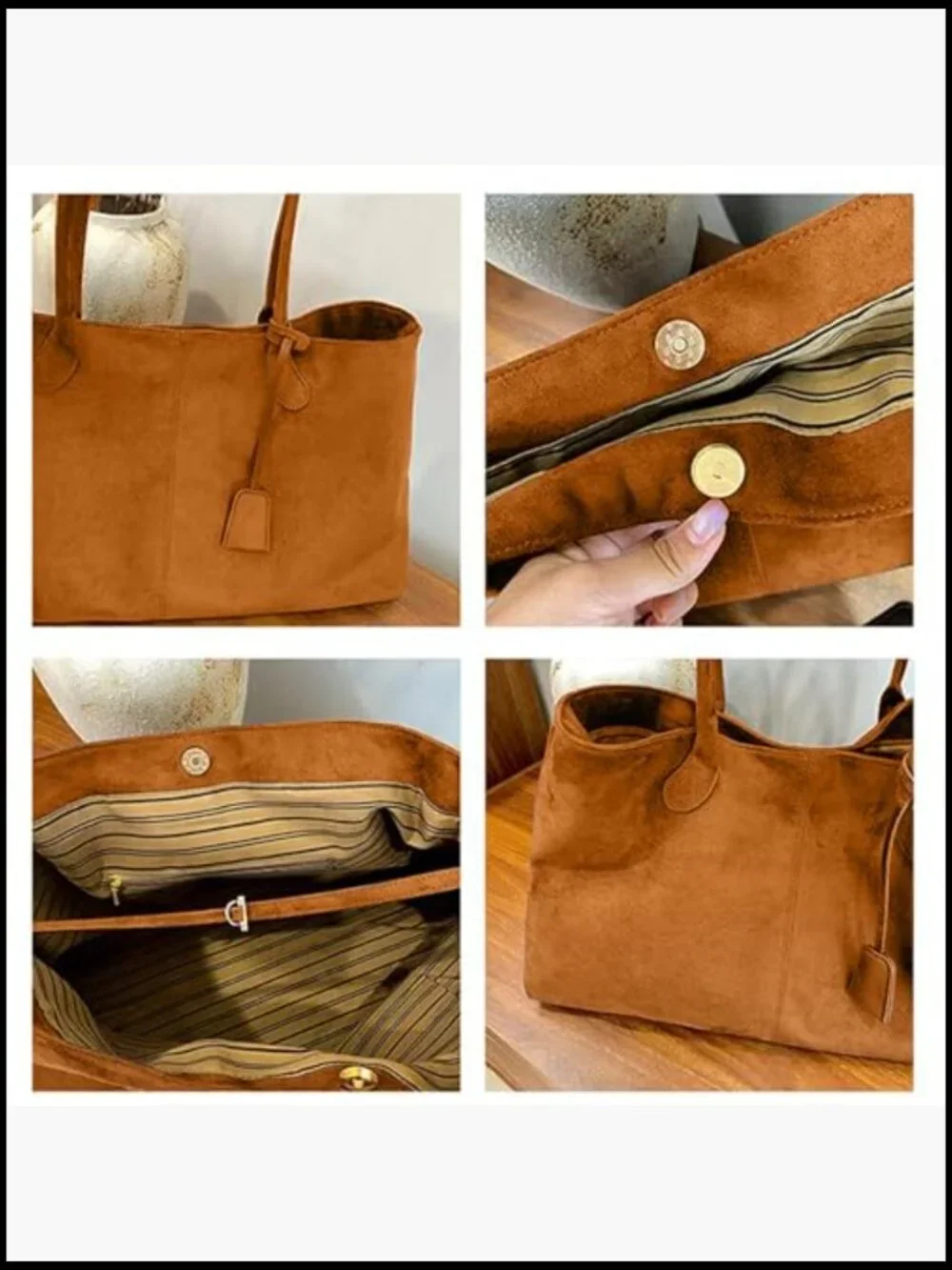 Large Faux Suede Hobo Tote Bag Magnetic Snap Closure Work Travel